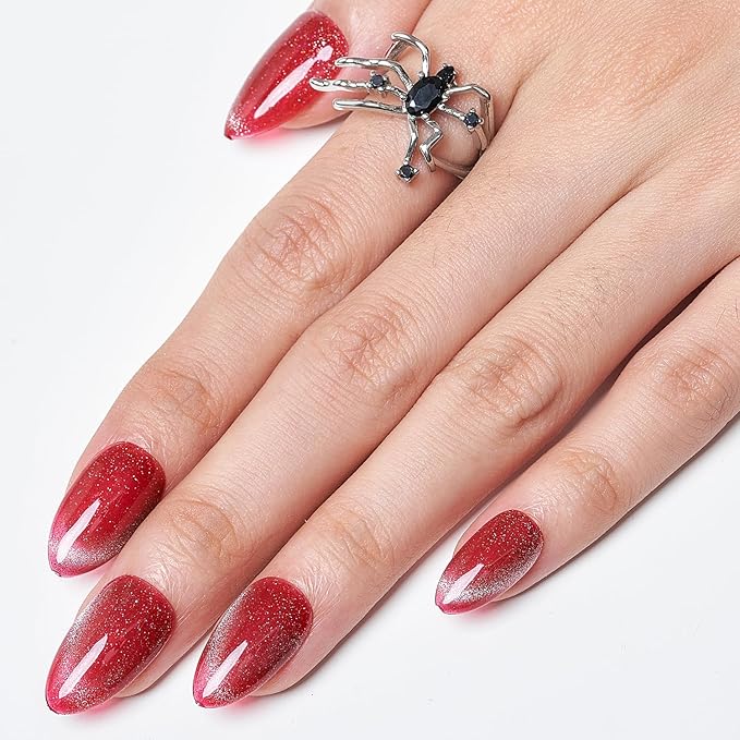 GLAMERMAID French Tip Magnet Cat Eyes Press on Nails Short Almond, Red Handmade Jelly Gel Fake Nail Kit, Rouge Magnetic Glue on Nail Stiletto, Scarlet Medium Oval Stick on False Nail Set for Women