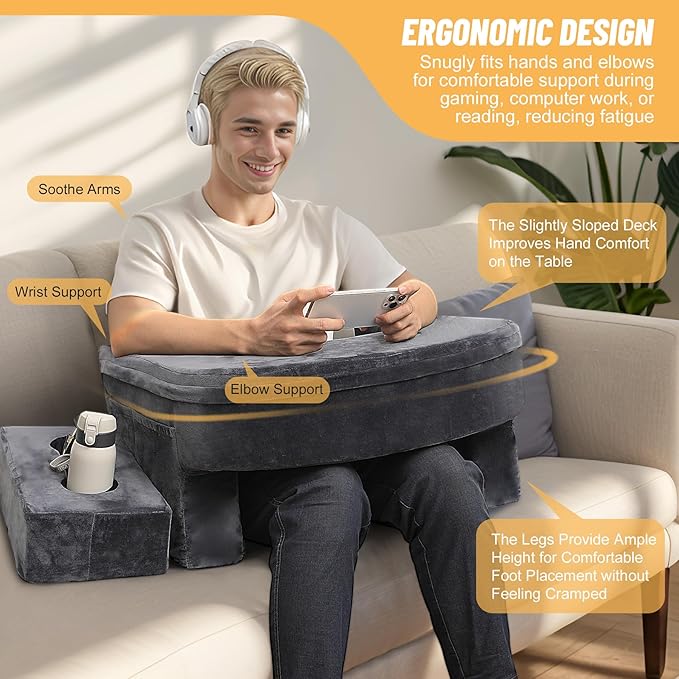 Reading Pillow & Gaming Pillow for Lap, Lap Desk Pillow for Gaming with Coaster, Soft Arm Rest Pillow for Adult, Memory Foam Rest Pillows for Reading, Working, Sitting in Floor Sofa, Grey