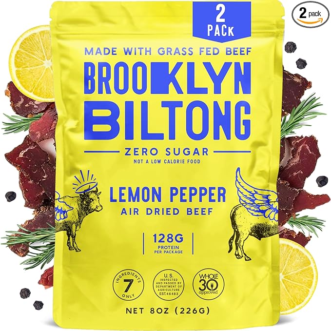Brooklyn Biltong Air Dried Grass Fed Beef Snack, South African Beef Jerky (8oz, Pack of 2) - Whole30 Approved, Paleo, Keto, Gluten Free, Sugar Free, Made in USA - (Lemon Pepper)