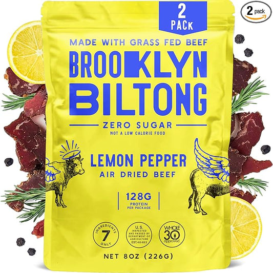 Brooklyn Biltong Air Dried Grass Fed Beef Snack, South African Beef Jerky (8oz, Pack of 2) - Whole30 Approved, Paleo, Keto, Gluten Free, Sugar Free, Made in USA - (Lemon Pepper)