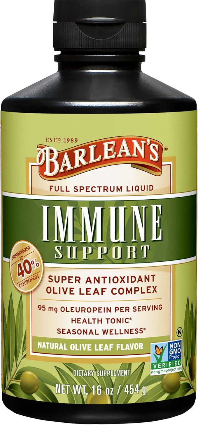 Barlean's Olive Leaf Complex Liquid Immune Support Supplement with 95mg Oleuropein Antioxidants for Seasonal Wellness, Heart Health, & Immune System Booster, 16 Ounce
