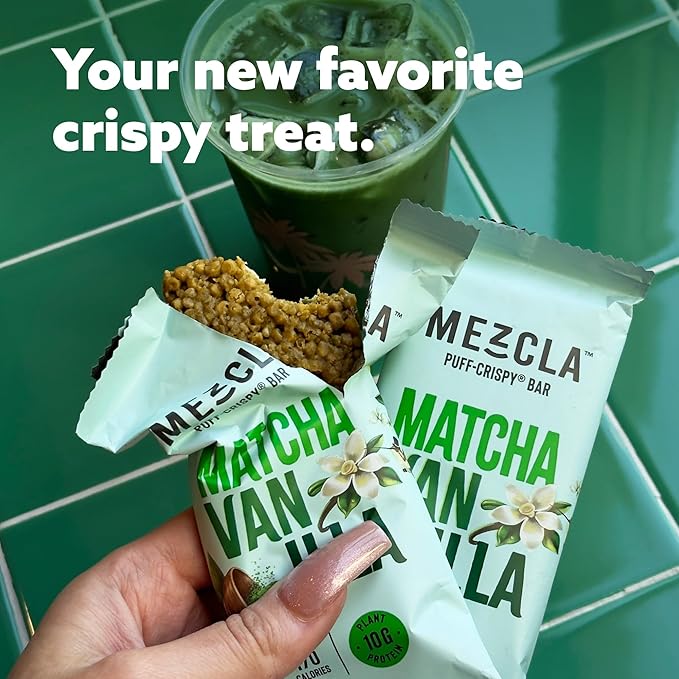 Mezcla Puff Crispy Protein Bars, Gluten Free & Vegan Protein Bars, 10g Protein, Alt for Crispy Rice Treat, Granola Bars & Breakfast Bars, Healthy Snacks for Adults, Matcha Vanilla, 12 Pack