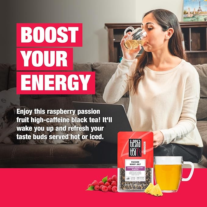 Tiesta Tea Passion Berry Jolt, Premium Loose Leaf, Classic Black Tea Blends, Raspberry Passion Fruit Black Tea, High-Caffeine, Hot or Iced Brews Up to 25 Cups, 1.5 Ounce Resealable Pouch