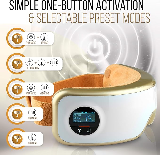 SereneLife Smart Eye Massager with Heat and Compression, Vibration, Music, Wireless Heated Mask for Migraines and Stress Therapy (Legacy Gold)