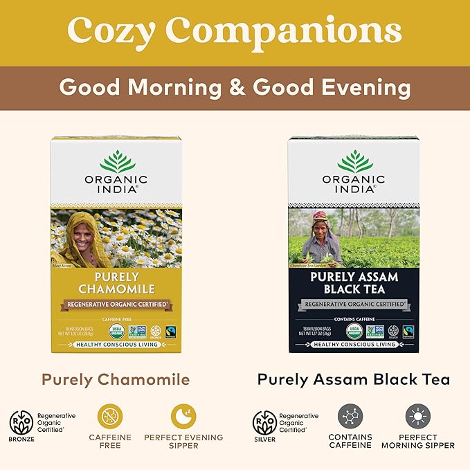 Organic India Purely Chamomile Tea- Regenerative Organic Chamomile Flowers, Caffeine Free, Calming & Relaxing Herbal Tea, Natural Support for Sleep & Relaxation- 18 Tea Bags, Pack of 6