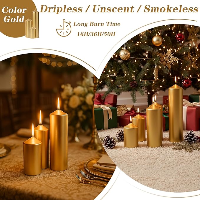 18 Pcs Gold Pillar Candles Bulk Set，Hurricane Candles，3 Different Lengths (6 Each)，Dripless Unscented Smokeless，Suitable for Decorating Christmas, Weddings, and Other Events！