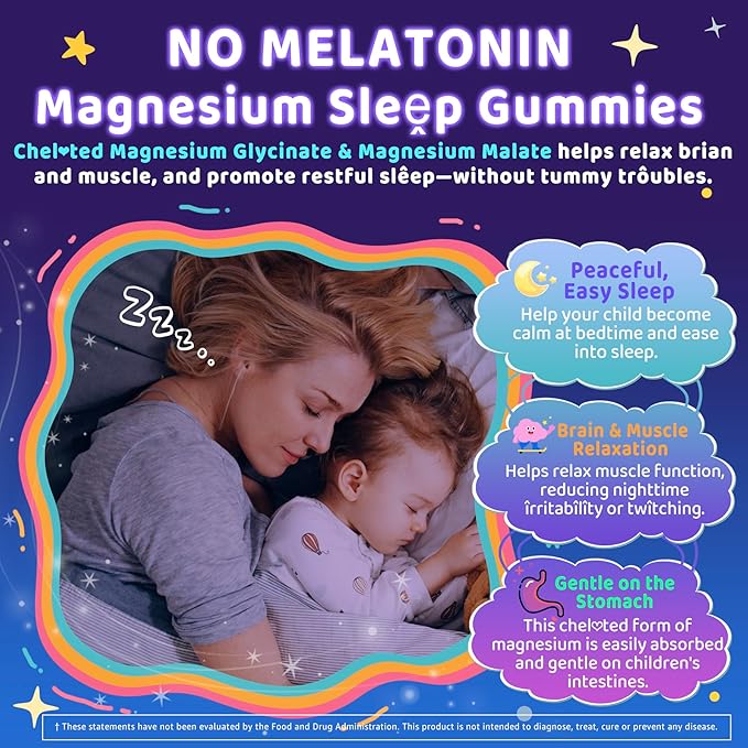 Kids Sleep Gummies, NO Melatonin Sleep Aid Gummies w/Magnesium Glycinate, Magnesium Malate, L-Theanine, Lavender, B6, Zinc, D3K2 for Restful Sleep, Relax Brain & Muscle, Immune Support, Non-GMO 1Pack