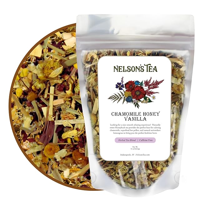 Nelson's Tea Chamomile Honey Vanilla - Caffeine-Free -Herbal Loose Leaf Tea, Curated Blend with Honeybush, Chamomile, Lemongrass, Licorice Root, Toasted Coconut, and Bee Pollen - Bedtime Brew (16 oz)