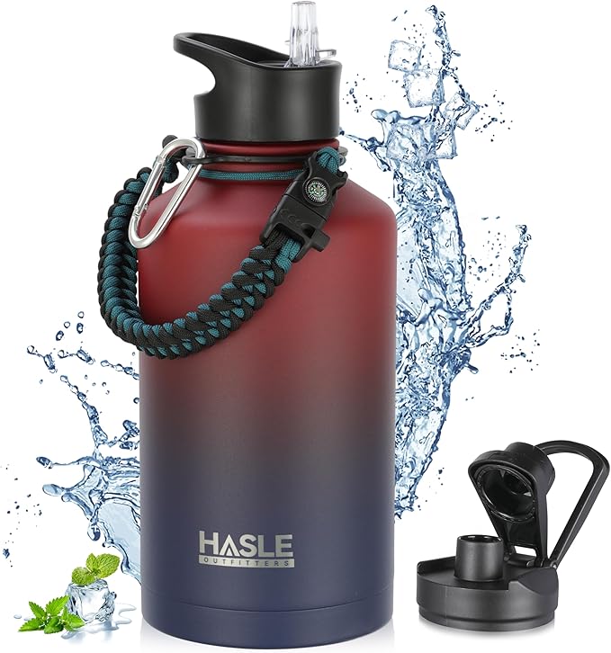HASLE OUTFITTERS Half Gallon Insulated Water Bottles 64 oz, Stainless Steel Metal Water Jug with 2 Lids Keep Cold 48h/Hot 24h, Leak Proof & BPA-Free Water Flask Jug(Ruby Purple Gradient,1)