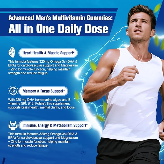 Multivitamin for Men, Mens Multivitamins Gummies w/Omega-3, Probiotics, Inositol, Folate, Biotin, Zinc, Vitamins A, C, D, E, B, Support Heart, Brain, Muscle, Energy, Sugar-Free, Berry Flavor