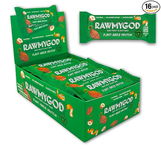 RAWMYGOD Fruit and Nut Bars, Good Source of Protein (4.8g, 12% protein content), Gluten Free, Vegan, No Added Sugar (16 bars, Fruit & Nuts)