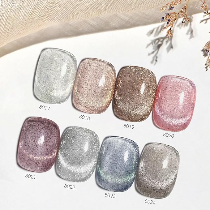 CANNI 8 Pcs 9 ML Cat Eye Gel Nail Polish Set, Jelly Pink Blue Silver Glitter Holographic Cat Eye Gel Polish Kit with Magnet Shimmer Colors Soak Off Led Manicure Salon DIY Gifts