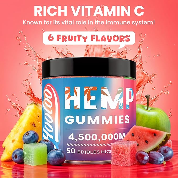 HOOLOO Hemp Gummies for Deep Bedtimes, Unwind, Focus - 6 Fruity Flavors Big Cubes Gummy Infused Vitamins Omega 3 - Extra Stength 4,500,000mg for Adults - Made in USA