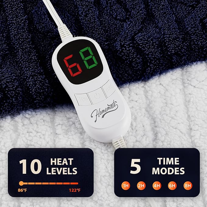 Homemate Electric Heated Blanket Full - 72"x84" Heating Bed Blankets Throw with 10 Heating Levels 8 Hours Auto Off Fast Heating Over-Heated Protection Ultra Soft Warm Flannel ETL Certified