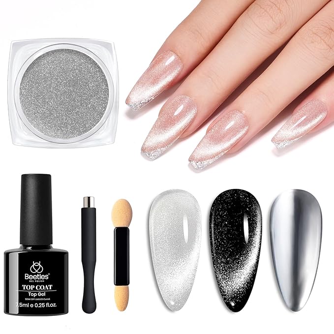 beetles Chrome Nail Powder Metallic with Top Coat Set- Silver Mirror Effect Galaxy Glitter Gel Polish, 1g/Jar with 7.5ml No Wipe UV Gel Top Coat for DIY Nails Art Salon Manicure Design Decoration