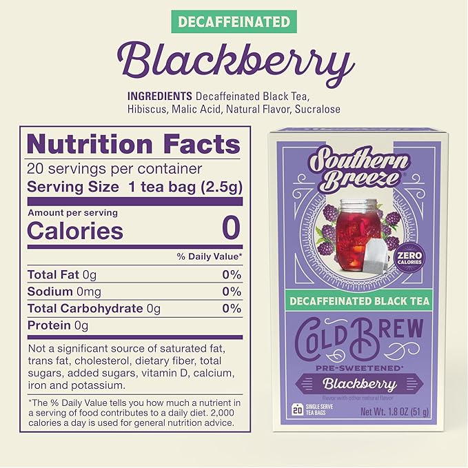 Southern Breeze Decaf Cold Brew Sweet Tea Blackberry Iced Tea with Black Tea and Zero Carbs Zero Sugar, 20 Individually Wrapped Tea Bags, Pack of 4
