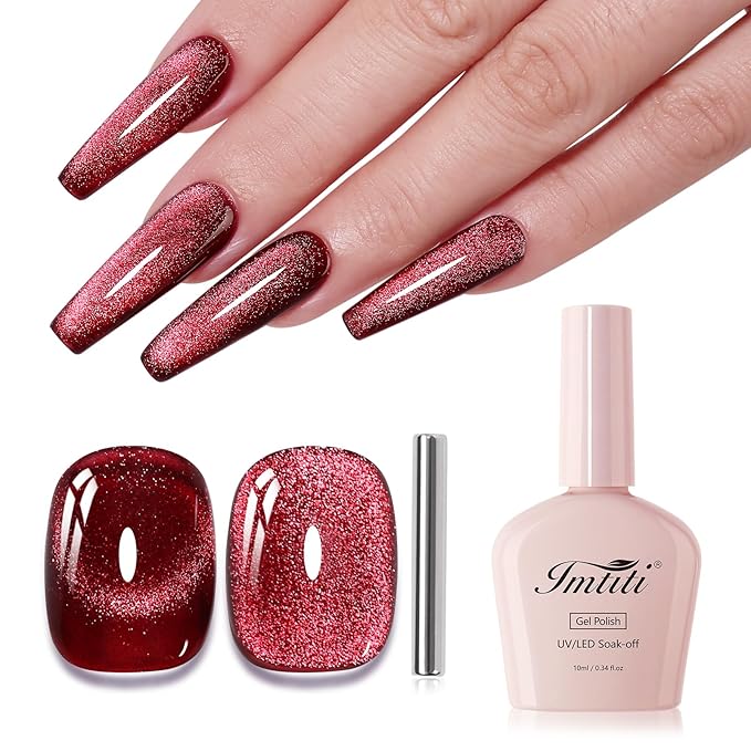 Imtiti 10ml Red Cat Eye Gel Nail Polish Long Lasting Soak Off UV Led Gel Polish Salon DIY at Home with Magnetic Stick Gift for Women 1Pcs