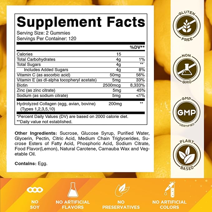Vitamatic Hydrolyzed Collagen Gummies with Vitamin C, Zinc and Biotin, 200 mg - Healthy Skin Support - 240 Gummies