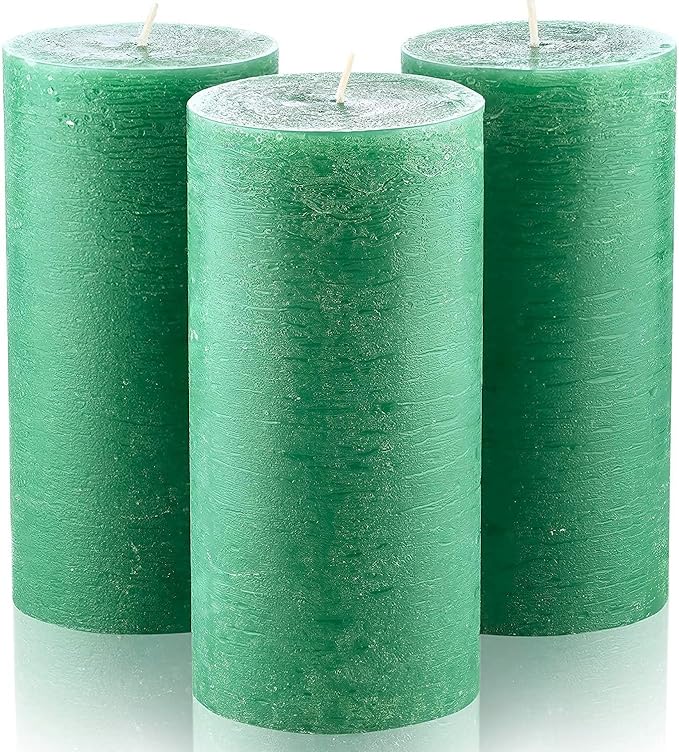 Set of 3 Pillar Candles 3" x 6" Unscented Handpoured Weddings, Home Decoration, Restaurants, Spa, Church Smokeless Cotton Wick - Dark Green