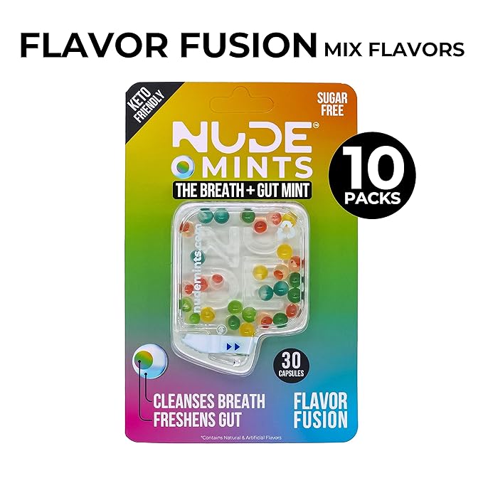 NUDE MINTS | Dual Action Liquid Capsules | Mouth Watering Mint - Lasts 3X Longer - 3X Stronger - Extreme Bad Breath Treatment For Adults - Sugar Free, 0 Calorie - All Flavors - 10 Pack - 300 Capsules