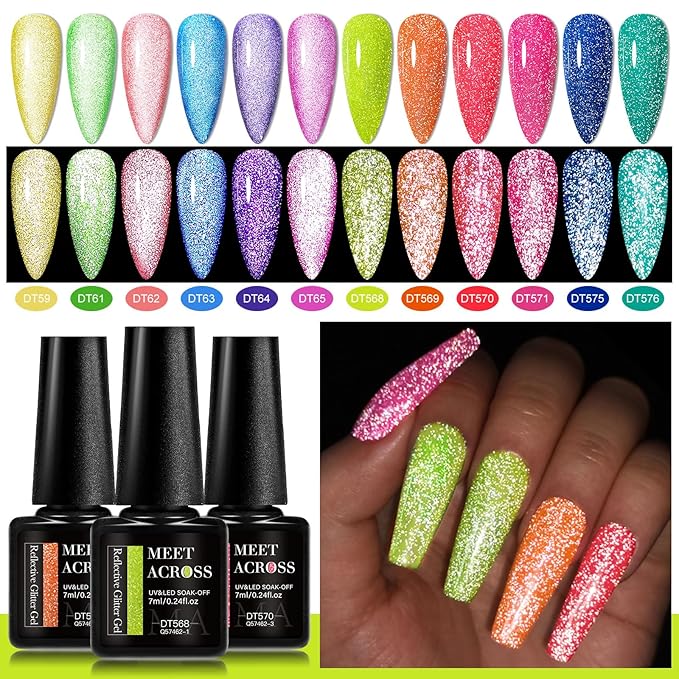 MEET ACROSS Reflective Glitter Neon Gel Polish Set, 12 Colors Gel Nail Polish Set Nails Gel Blue Hot Pink Purple Soak Off Uv Led Gel Nail Polish Kit Nail Gift for Her