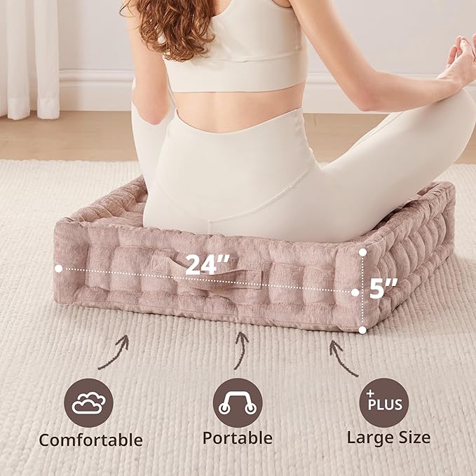 Intelligent Design Large Floor Pillow Meditation Cushion, 24" W x 24" L x 5" H, Square Blush with Handle