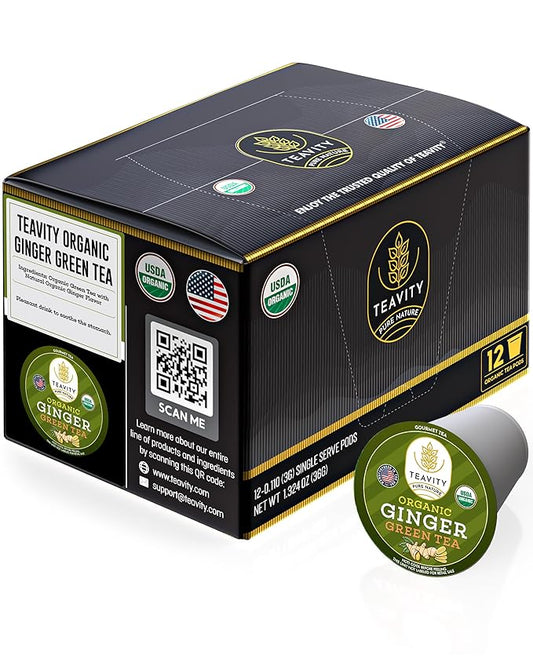 Green Tea & Ginger Tea Pods for Keurig - Caffeinated, Organic, Dye Free, Unsweetened, Herbal Blend for K Cup Machines - Hot or Iced (12 Tea Pods)