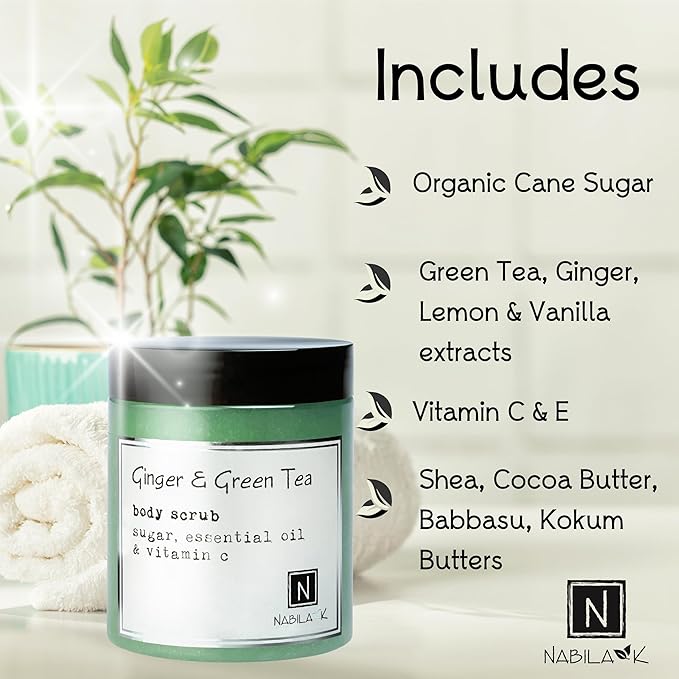 Ginger & Green Tea Body Scrub Made in USA with Essential Oil and Vitamin C by Nabila K - Exfoliate and Moisturize for Smooth Skin - Luxury for Women & Men, 10 oz