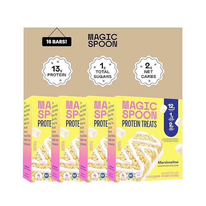 MAGIC SPOON Treats - High Protein, Low Carb, Keto Friendly, 1g of Sugar, Gluten Free, Crispy Treat Protein Bar Cereal Bar, On-The-Go Healthy Snack (Marshmallow, 16 Bars)