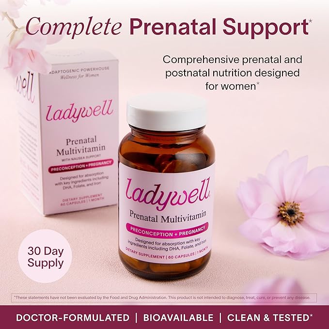 Ladywell Prenatal Multivitamin | Conception, Pregnancy & Postpartum | Key Ingredients Including DHA, Folate & Iron | Expertly-Formulated & Tested | Designed for Absorption with Nausea Support, 60 Ct