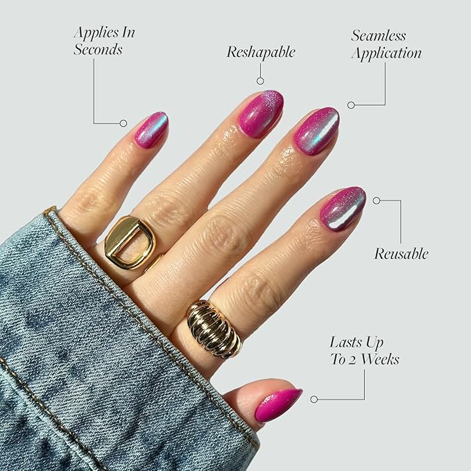 Glamnetic Press On Nails - Berry Fizz | Short Oval, Magenta Nails with a Mesmerizing Metallic Finish | 15 Sizes - 30 Nail Kit with Glue