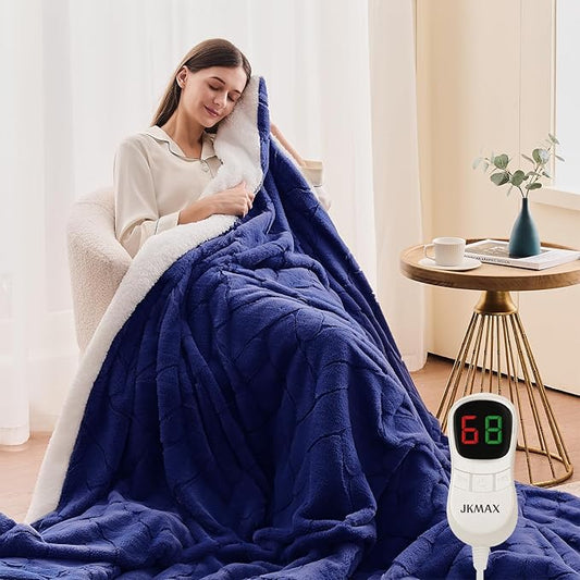 Heated Electric Blanket- Electric Throw Blanket 84"x90" for Bed-5 Heating Levels& 4 Hours Auto Off for Couch Home Office - Soft Faux Fur Fabric for Full Body(Blue)