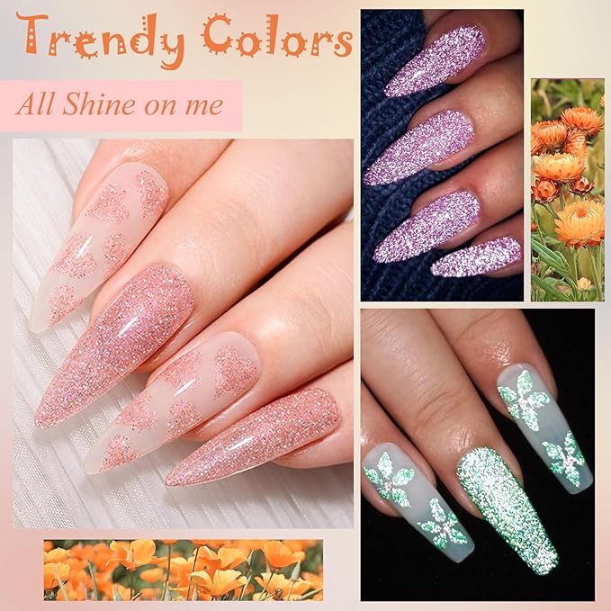 MEET ACROSS Gel Polish Reflective Glitter Gel Nail Polish Set, 12 Colors Holographic Sparkle Glitter Gel, Flash Diamond Gold Red Purple Green UV LED Soak Off Manicure Kit Gift for Women Girls