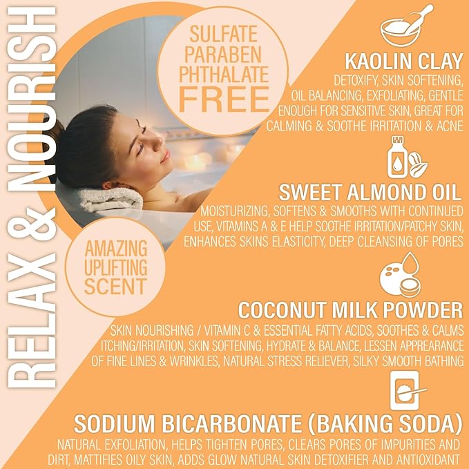 Luxiny Vegan Milk Bath Soak Made with Moisturizing Coconut Milk Powder & Sweet Almond Oil for a Bath Bomb Dust Soothing Fizz & Relaxing Soak, 8 oz. (Orange Creamsicle)