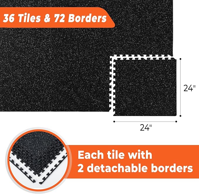 SUPERJARE 0.4'' Thick 36 Pcs 144 Sq Ft Rubber Top Exercise Equipment Mats, High Density EVA Foam Mats with Rubber Top, Interlocking Gym Flooring for Home Gym, Protective Workout Mat, Black/Grey