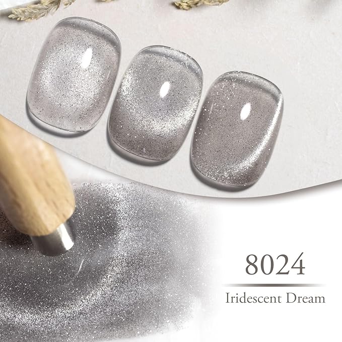 CANNI 8 Pcs 9 ML Cat Eye Gel Nail Polish Set, Jelly Pink Blue Silver Glitter Holographic Cat Eye Gel Polish Kit with Magnet Shimmer Colors Soak Off Led Manicure Salon DIY Gifts