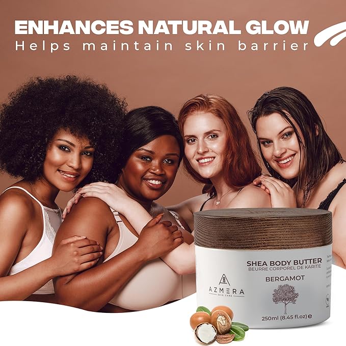 AZMERA Handcrafted Whipped Shea Body Butter – Luxurious Moisturizer for Dry, Sensitive Skin with Bergamot, Argan Oil & Vitamin E – Vegan, Non-Greasy Skincare – 8.82 oz