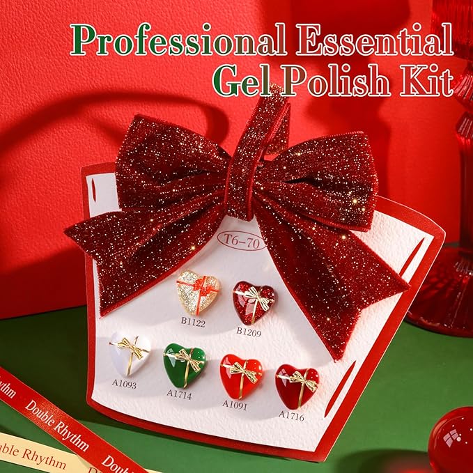 Double Rhythm 6 Pcs 15 ML Gel Polish Set Same Color Same Bottle Soak Off Gel Polish Kit Nail Art Manicure Salon DIY at Home for Women (Glitter Burgundy Red Gold Green White-T6-70)