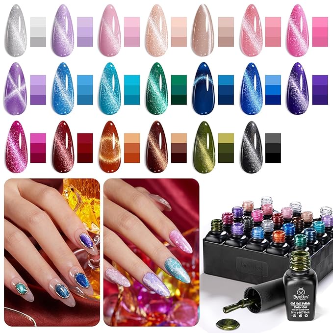 Beetles Cat Eye Gel Nail Polish Set - 20 Colors Christmas Glitter Red Green Blue Brown Black Nude Pink Magnetic Base Matte Glossy Top Coat Lush Velvet Soak Off UV Manicure Salon Gift for Women