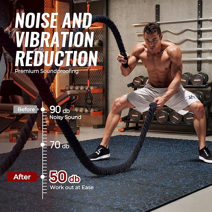 SUPERJARE 0.79'' Extra-Thick Exercise Equipment Mats, 18 Pcs 72 Sq Ft Rubber Top Floor Tiles with High Density EVA Foam, Interlocking Gym Flooring for Home Gym, Workout Mat, Black/Blue