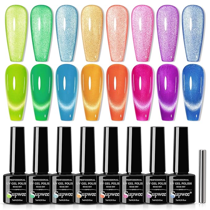 Neon Cat Eye Gel Polish Set Bright Yellow Green Pink Cateye Nail Polish Gel Magnetic Gel Polish Varnish Soak Off Lamp Gel for Nail Salon or DIY at Home 8 Colors 7ML(0.24FL OZ)