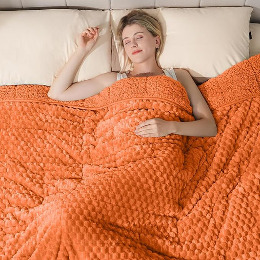 Super Fuzzy Soft Luxury Fleece Sherpa Weighted Blanket 15 lbs for Adults, Turtle Shell Cozy Queen Size Weighted Throw, Ceramic Beads Washable Heavy Blankets for Couch Bed, Orange, 60" x 80"