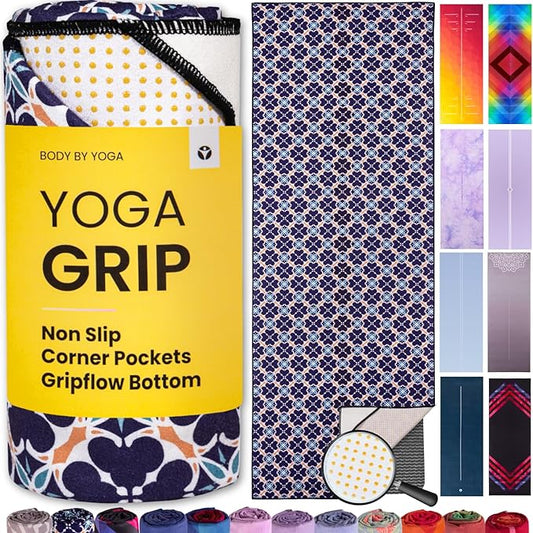 Yoga Grip Yoga Towel - Non Slip Hot Yoga Mat Towel With Corner Pockets, No-Skid Grip, and Built-in Alignment Lines | Soft, Moisture Wicking, and Sweat Absorbent | No Bunching, Stays in Place 72" x 25"