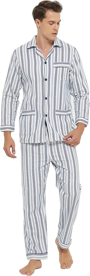 GLOBAL Men's Pajamas Sets 100% Cotton Flannel Sleepwear Long-Sleeve top & Bottom