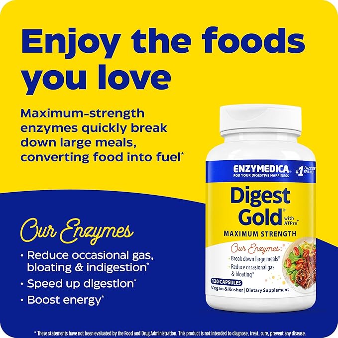 Enzymedica Digest Gold + ATPro, Maximum Strength Enzyme Formula, Prevents Bloating and Gas, 14 Key Enzymes Including Amylase, Protease, Lipase and Lactase, 120 Capsules