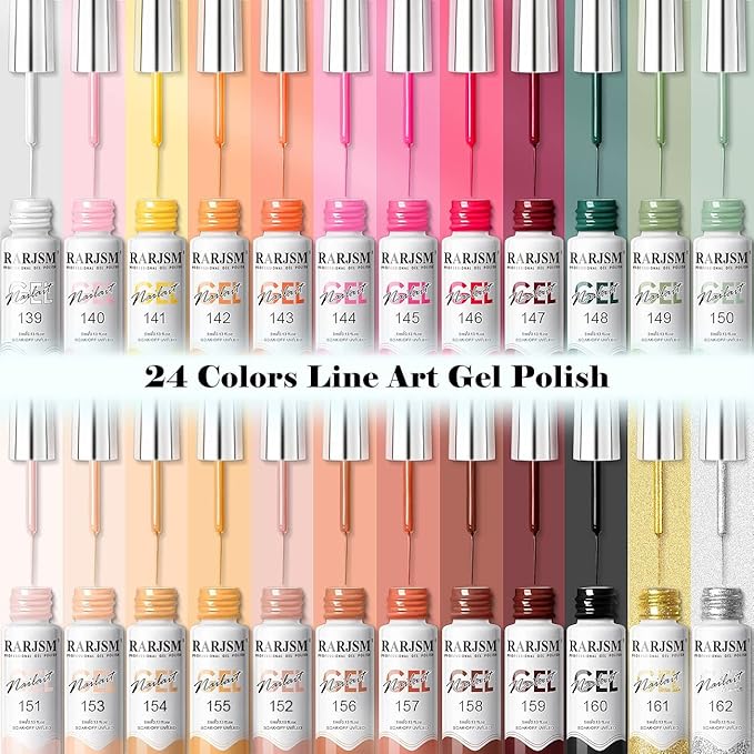RARJSM Gel Liner Nail Art 24 Pieces 5ml Gel Art Liners for Nails Pink Red Green Yellow Silver Gold Glitter Summer Fall Nude Colors Painting Striping Gelpolish Thin Brush UV Soak off Curing Needed