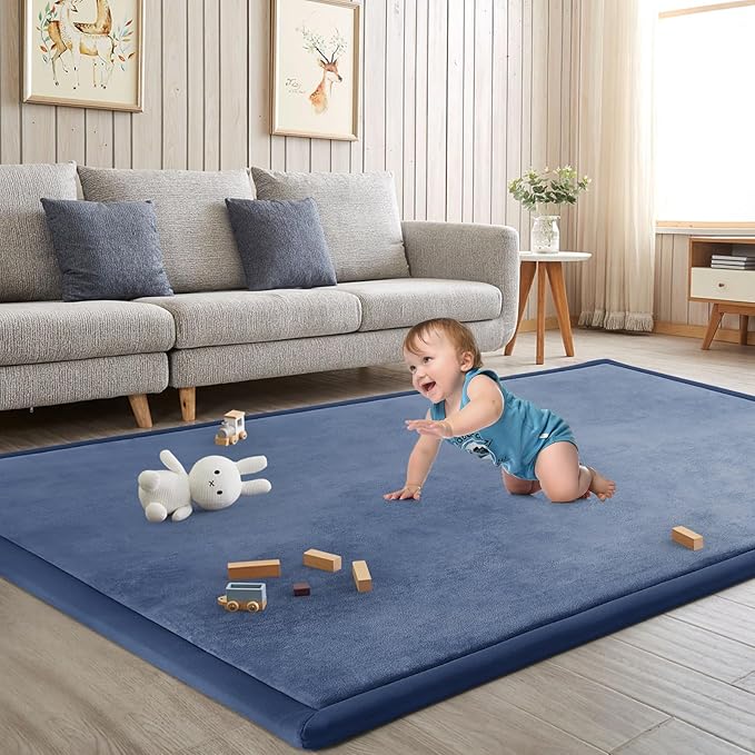 Baby Play Mat for Floor Tummy Time Mat Nursery Rug Muscle Area Rug Playroom Rug Tatami 74 * 50" Memory Foam 1.3" Thick Crawling For Babies,Toddlers, Infants, Kids,Floor(Blue)