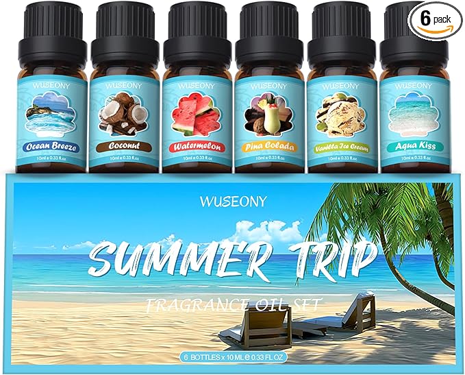 Summer Fragrance Oils Set, Premium Essential Oils for Diffuser, Natural Aromatherapy Oils for Soap Candle Making - Ocean Breeze, Coconut, Pina Colada, Watermelon, Vanilla Ice Cream, Aqua Kiss