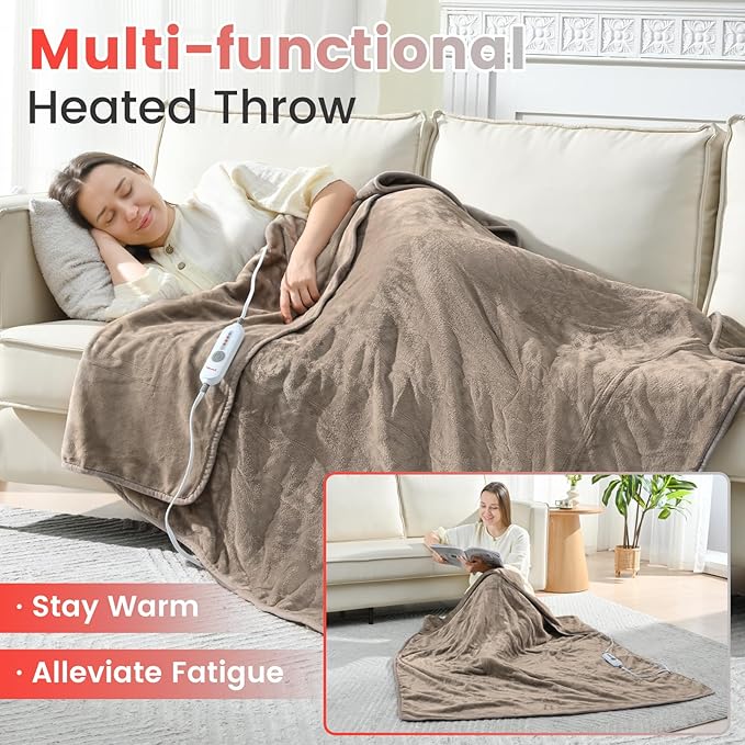 Sunable Heated Electric Throw - Machine Washable Soft Comfortable Heating Blanket with 4 Heat Settings 50×60 inches Taupe - Velvet