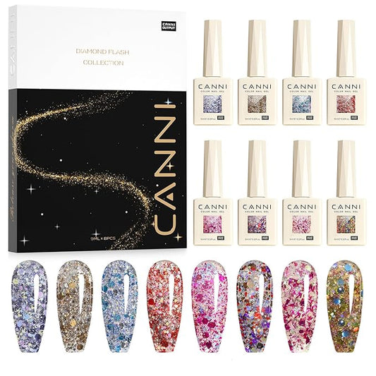 CANNI 8 Pcs 9 ML Glitter Sequins Gel Nail Polish Set, Shimmer Sparkly Shiny Pink Yellow Purple Blue Colors Polish Kit Soak Off Led Nail Art Gel Manicure Salon DIY Gifts